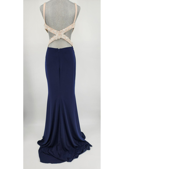 Nina Canacci Formal Evening Dress 10 Embellished Beaded Cut Out Navy‎ Blue Cream - Picture 3 of 15